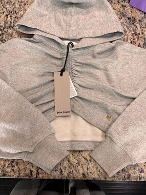 Palm Angels Women's Light Gray Cropped Hoodie with Gold Palm Logo